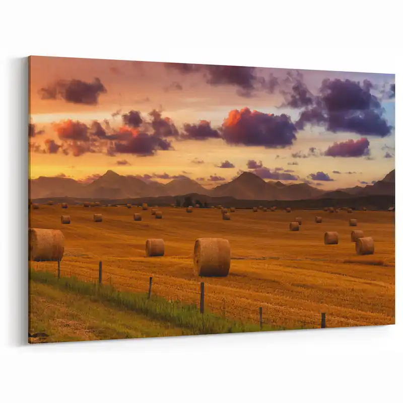 Professional Grade Alberta Prairie Sunset Art - Golden Hay Bales with Rocky Mountains