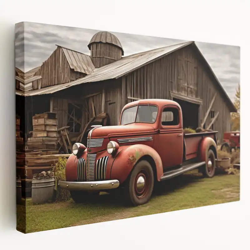 Worldwide Shipping Rustic Red Vintage Truck by Barn - Classic Truck Canvas Wall Art