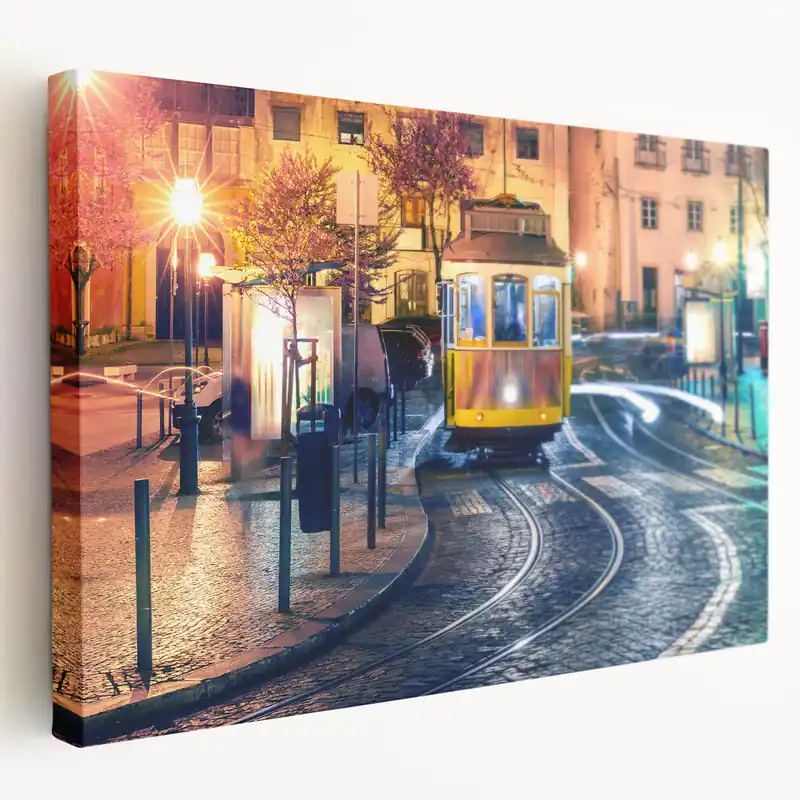 Lisbon Canvas Prints - Iconic Tram 28 at Night on Cobblestone Streets Express Delivery