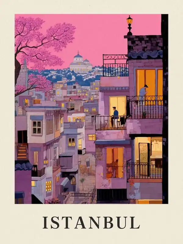 Istanbul Turkey 1 Vintage Pink Travel Illustration Poster Free Shipping