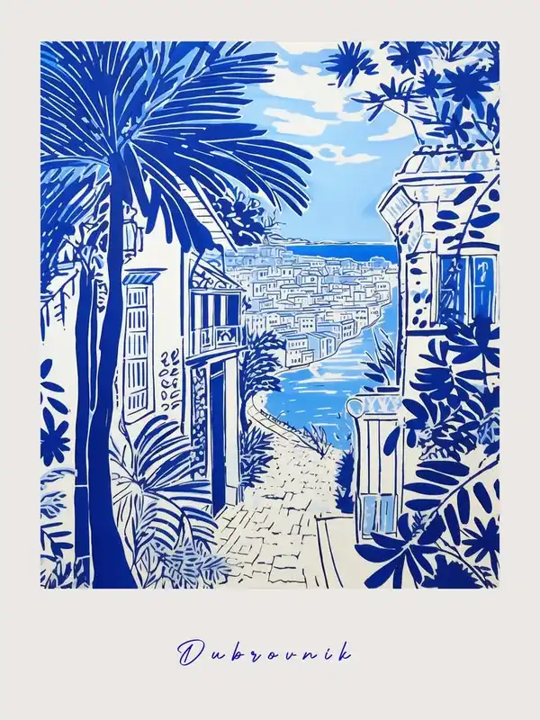 Dubrovnik Croatia Mediterranean Blue Drawing Poster Fresh Stock