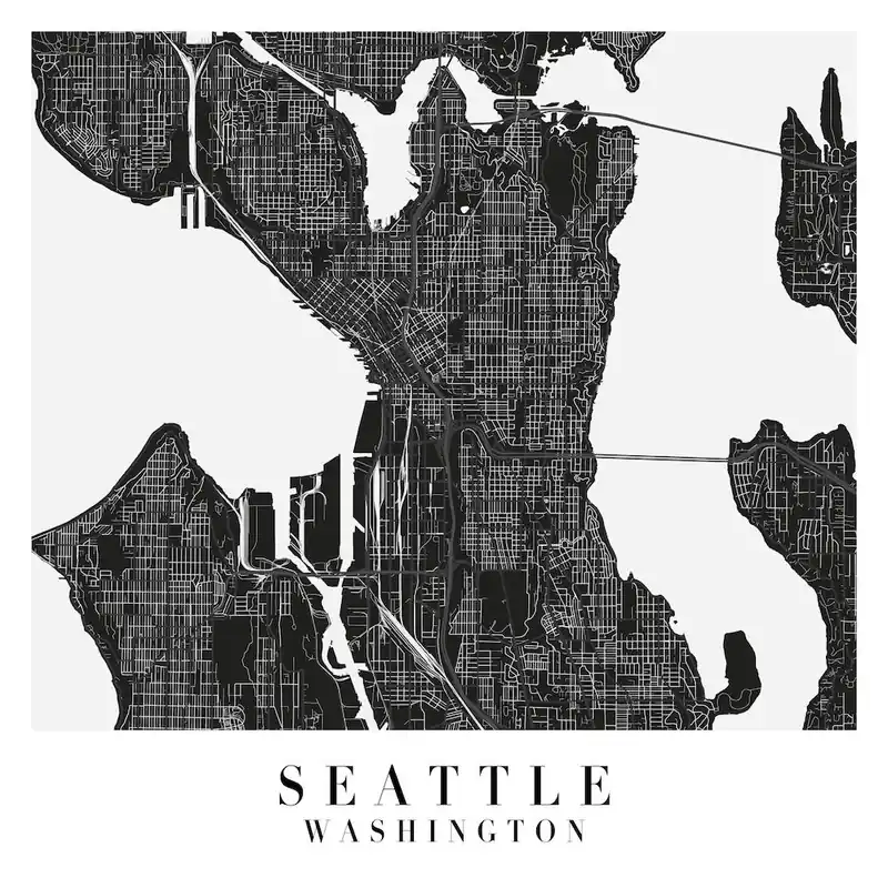 Seattle Washington Minimal Black Mono Street MapSquare Trusted Brand