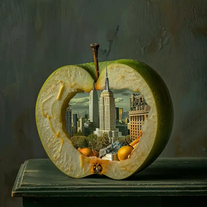 The Big Apple in the Style of Magritte. Surreal Cityscape. Warranty Included