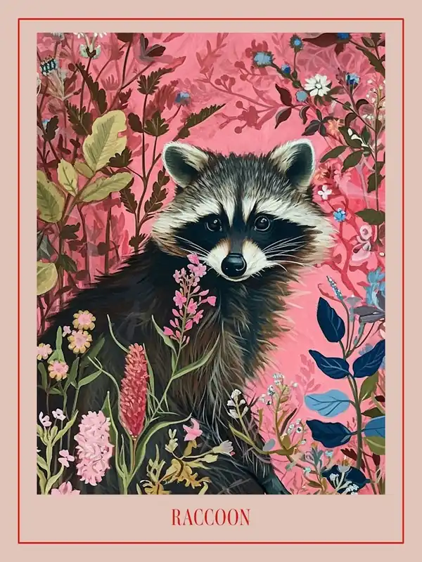 Floral Animal Painting Raccoon 3 Poster Reduced Price
