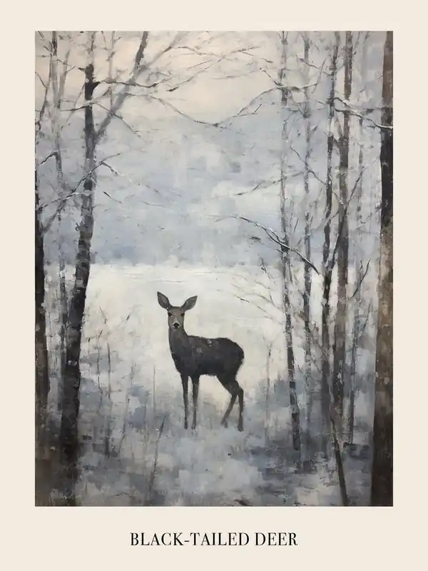 Final Sale Vintage Winter Animal Painting Poster Black Tailed Deer 1