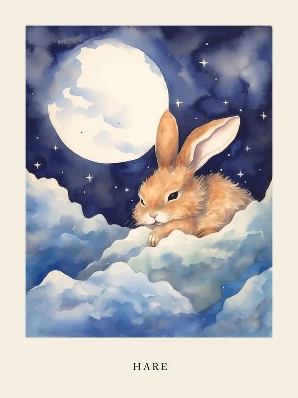 Clearance Baby Hare 1 Sleeping In The Clouds Nursery Poster